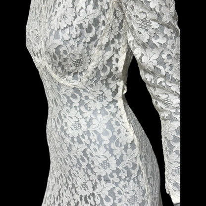 1940s vintage wedding bridal dress, white see through lace sheath full length gown