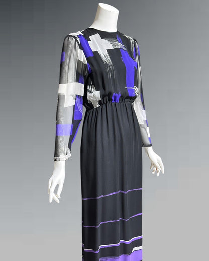 HANAE MORI for MARTHA Palm Beach, vintage 1970s chiffon evening gown, black and purple sheer blouson