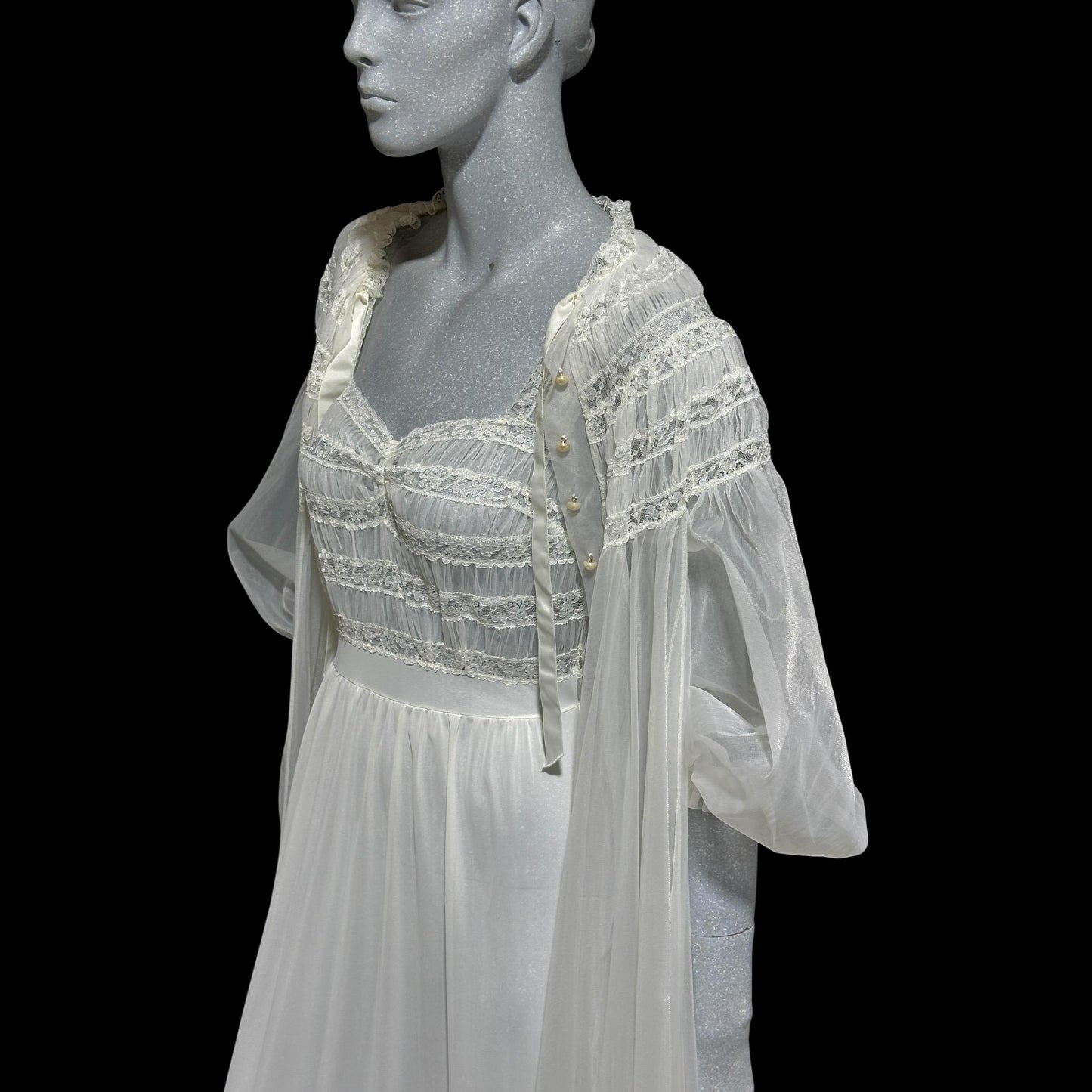 RADCLIFFE vintage 1940s nightgown robe set, bridal white chiffon wedding peignoir slip dress set