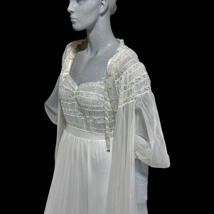 RADCLIFFE vintage 1940s nightgown robe set, bridal white chiffon wedding peignoir slip dress set