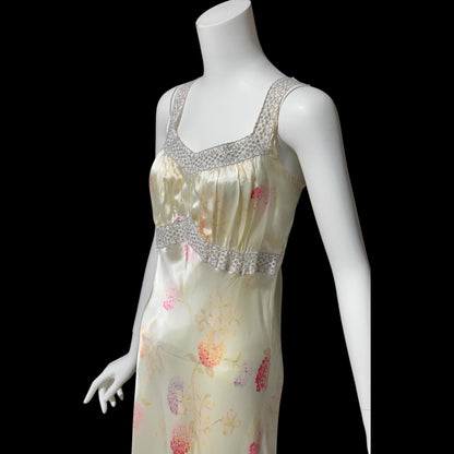 RADCLIFFE vintage 1930s nightgown, "Great Master Print" floral hydrangea night dress, bias cut with pale blue eyelet lace