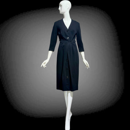TRICOSA PARIS vintage 1950s coat dress, black knit bombshell wiggle dress, button front