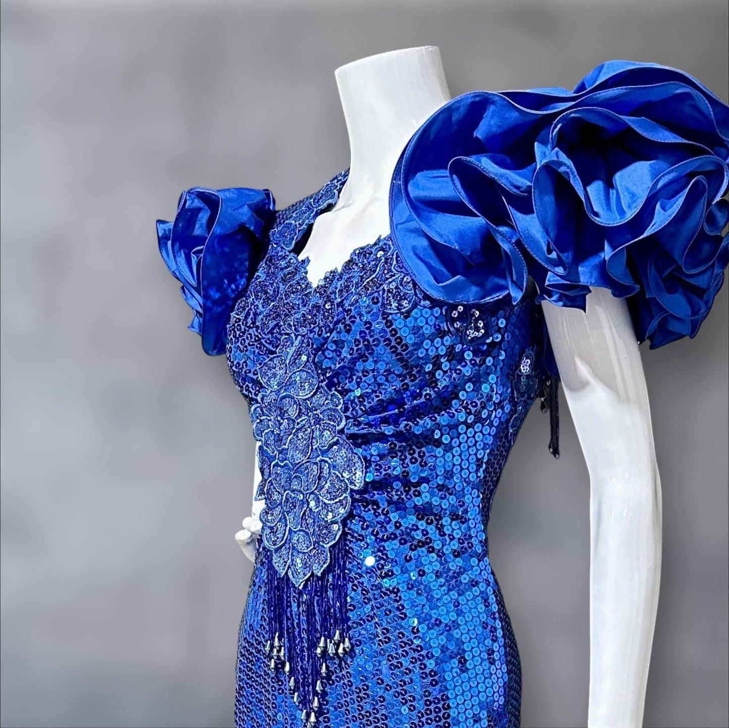 ALYCE DESIGNS 1980s vintage dynasty glam evening gown, Sapphire blue sequins sheath dress, ruffles open back