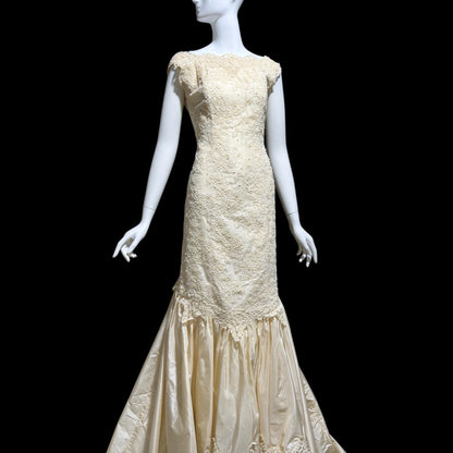 1980s Custom Made vintage wedding dress, dated 1989, Cream lace beads silk mermaid gown