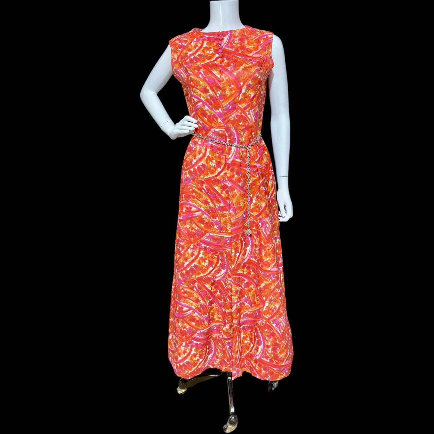 1960s vintage jumpsuit, wide leg flared palazzo pants, hot pink and orange paisley, sleeveless evening summer jumpsuit