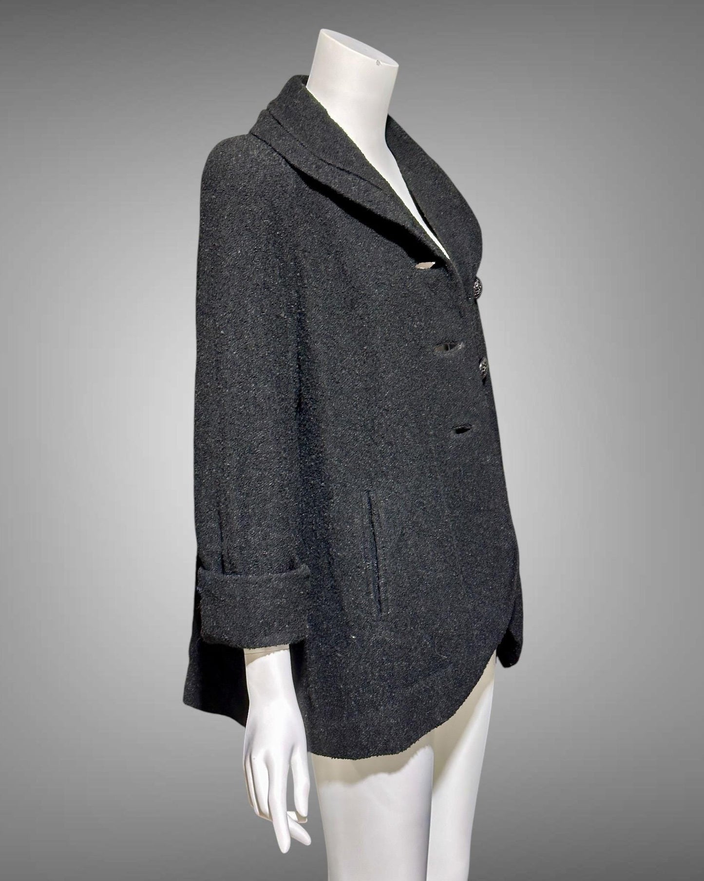 1940s vintage swing coat, black nubby wool jacket, portrait collar button front, evening opera coat