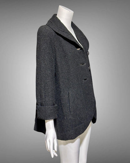 1940s vintage evening swing coat, black nubby wool jacket