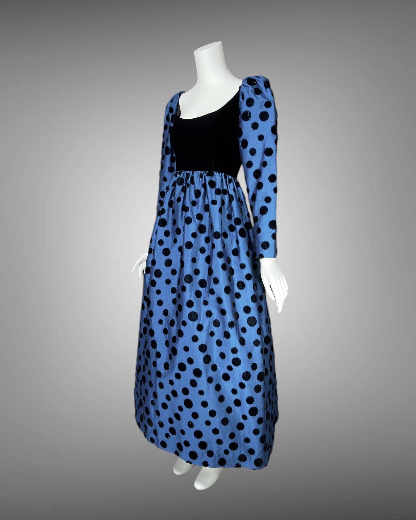 ADELE SIMPSON vintage 1960s evening dress, steel blue taffeta with black velvet flocked polka dots