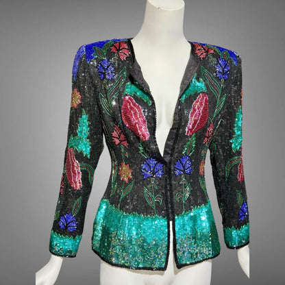 1980s vintage Evening jacket, vibrant jewel tone beaded and sequins princess cut elegant cocktail party jacket blouse top