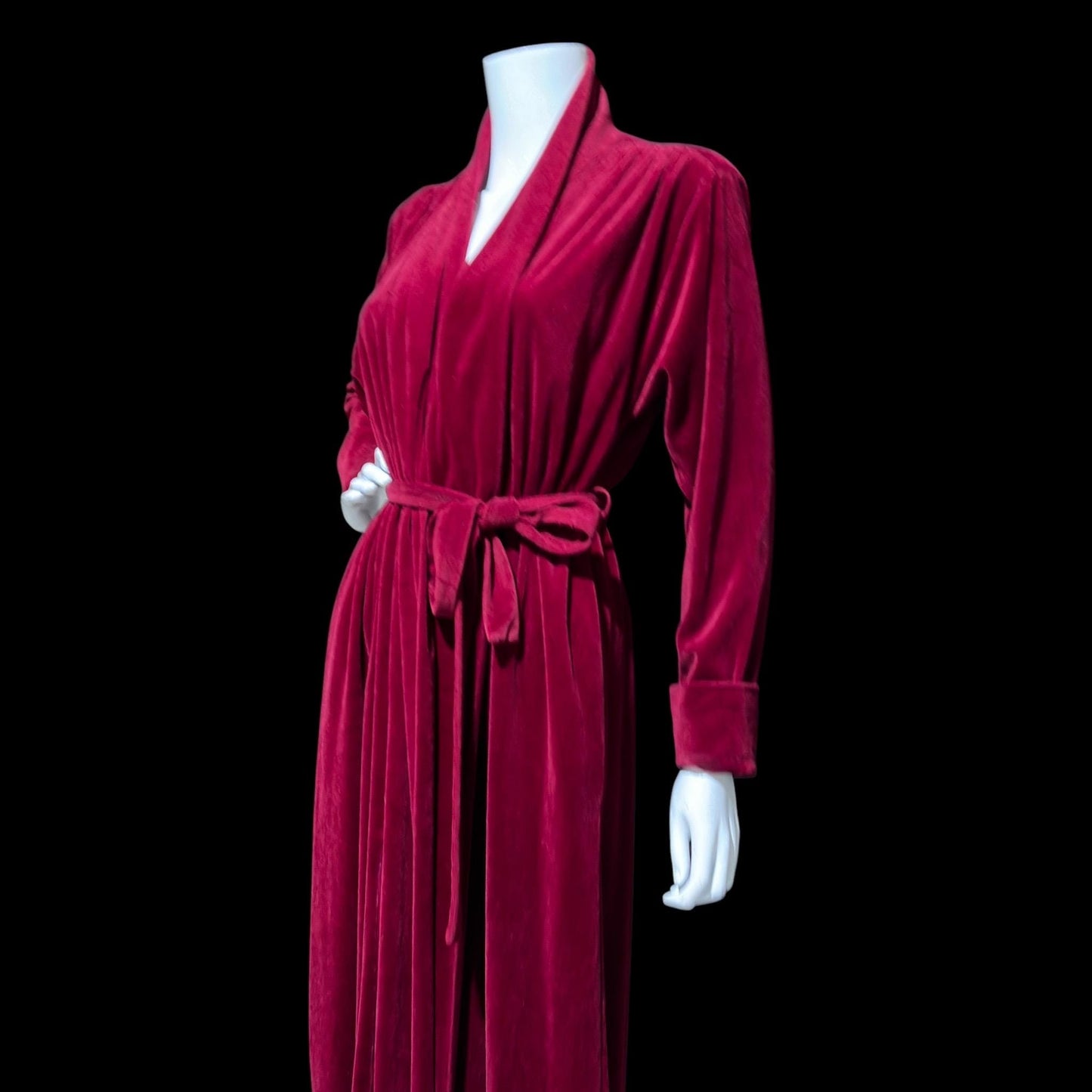 MISS DIOR Vintage 1970s housecoat robe, Deep Red Merlot plush velvet wrap front housecoat with pockets