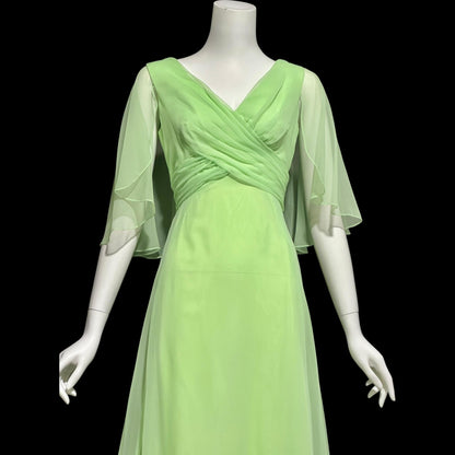 MISS ELLIETTE, vintage 1970s evening dress gown, minty pistachio green poly chiffon dress