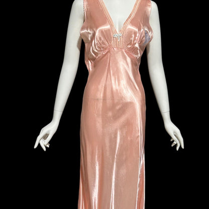 1940s vintage nightgown slip dress, Shiny dusty rose peachy pink bias cut slip dress, full length