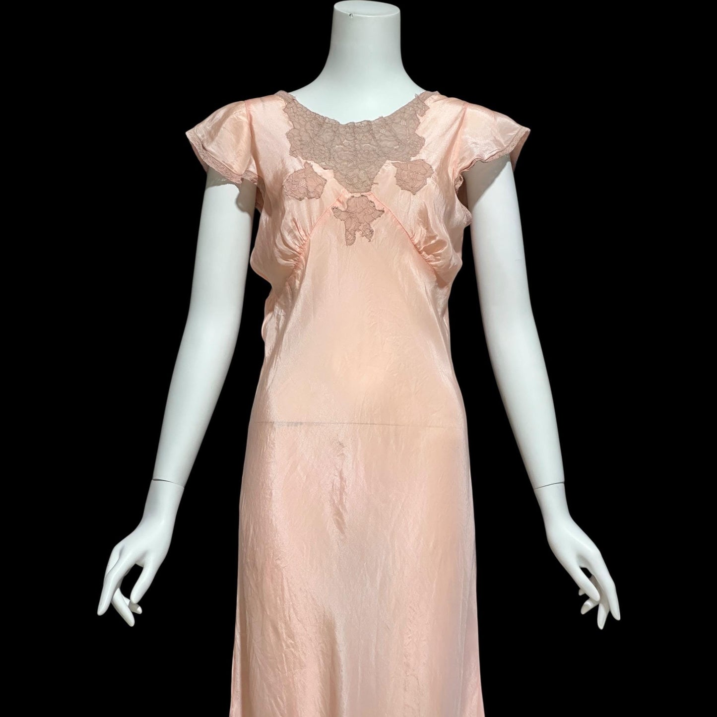 1930s Rayon Slip Dress: Vintage Bias Cut Shiny Peachy Pink Nightgown, Lace Trim