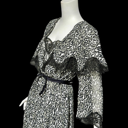LUCIE ANN vintage 1970s nightgown robe peignoir set, black and white sheer animal print negligee slip dress set