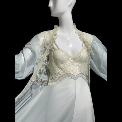 1930s Vintage nightgown robe set, sheer and ethereal blue nylon and white lace slip dress and peignoir set