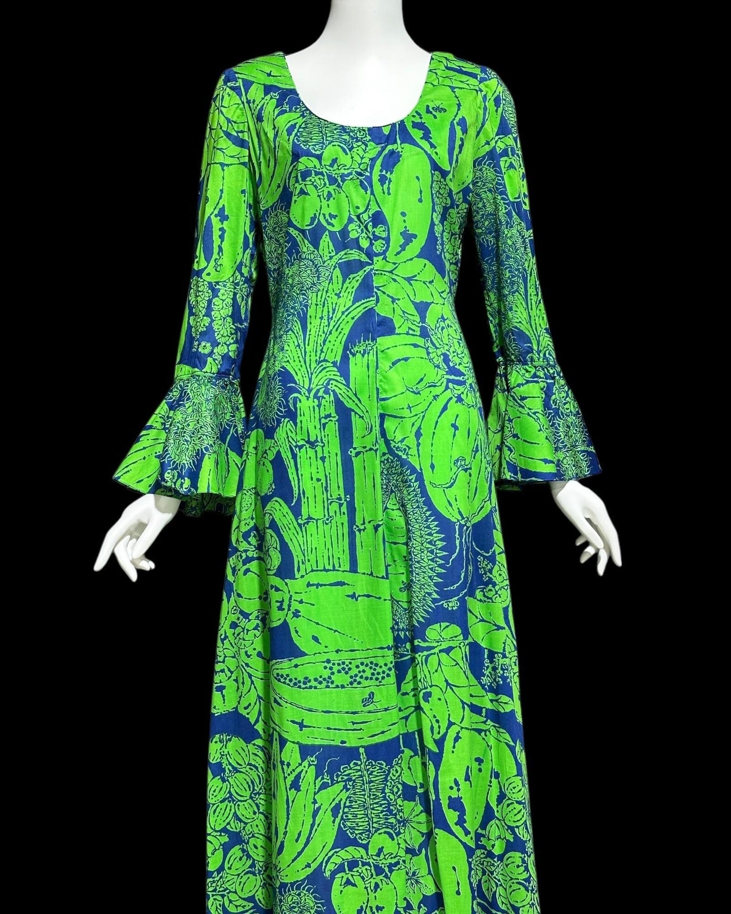 DESIGN THAI BANGKOK, vintage 1960s maxi party dress, Kelly Green and blue floral cotton dress