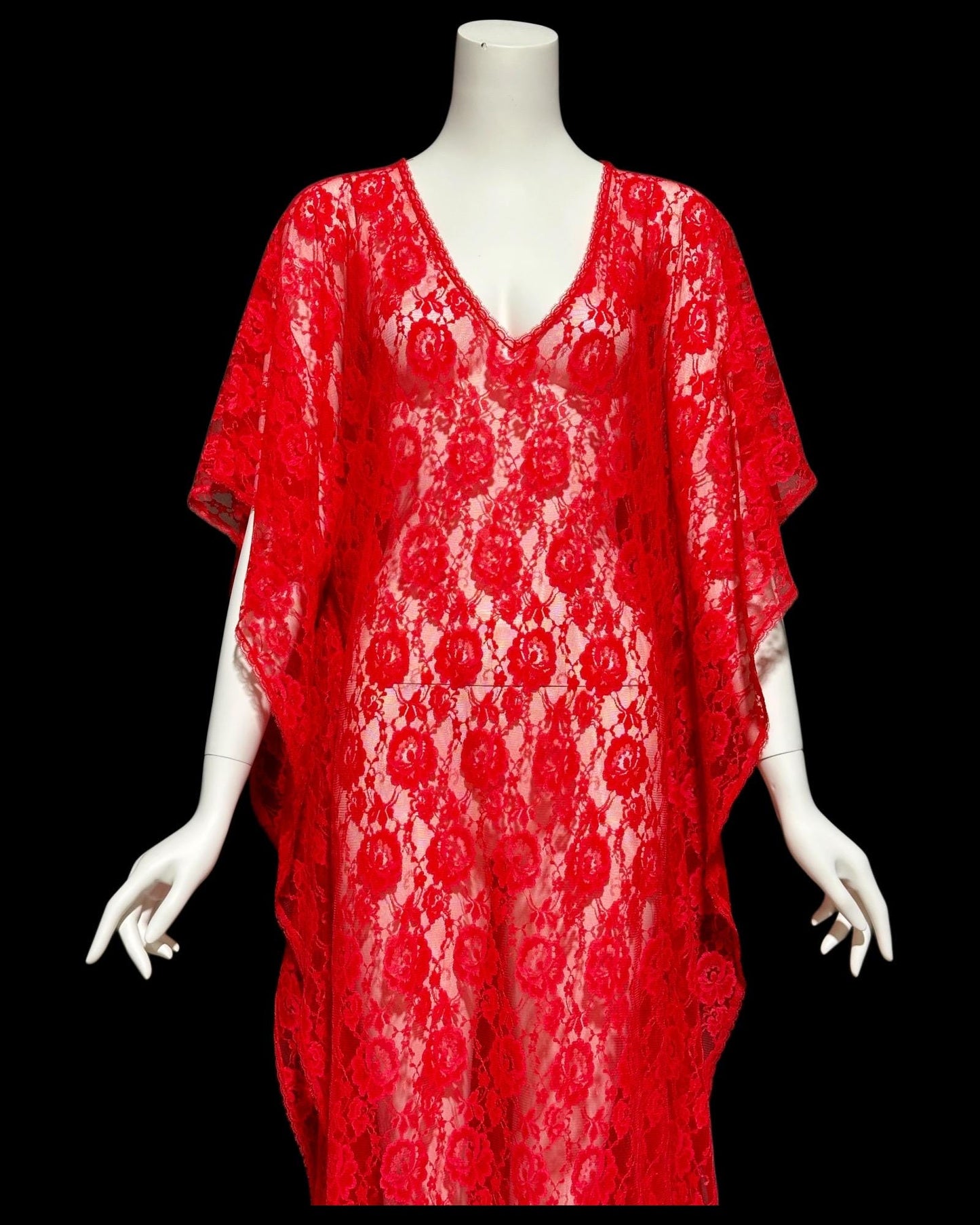 GLYDONS vintage 1960s caftan dress, Red lace sheer see through nylon kaftan