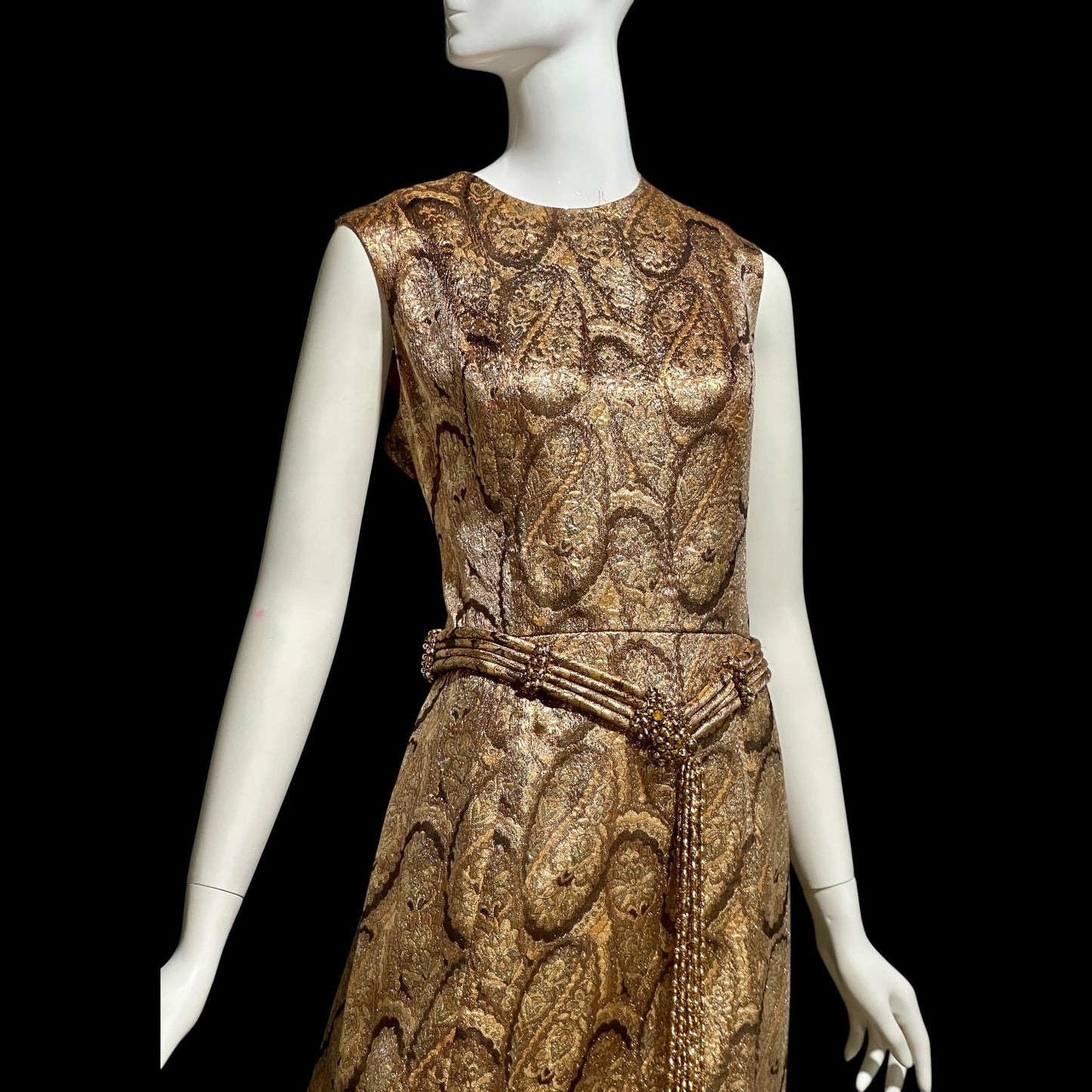 DYNASTY Vintage 1960s evening dress, TRULY SOCIAL metallic copper, gold, bronze and silver paisley gown