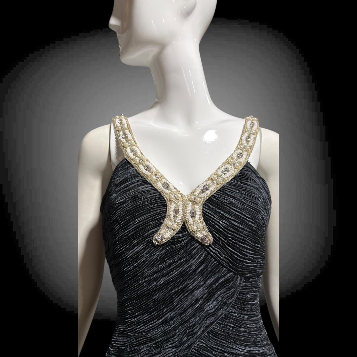 MARY MCFADDEN COUTURE vintage 1980s evening dress, I.Magnin black beaded plisse pleats gown