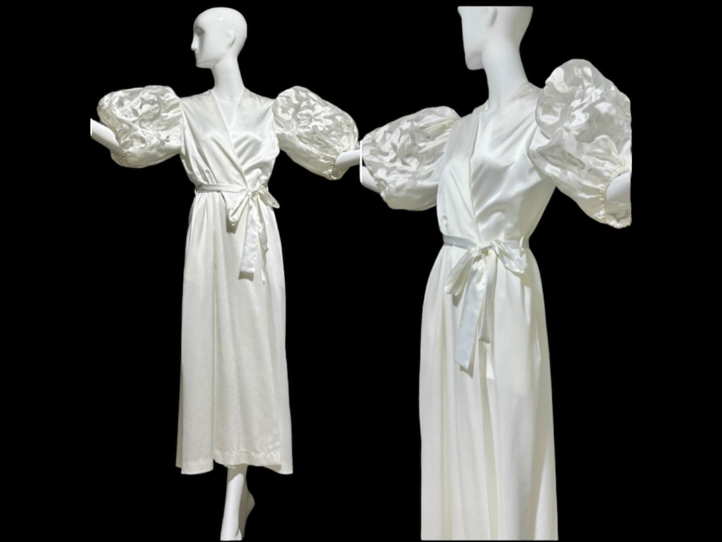 GEORGETTE TRABOLSI, 1980s Vintage dressing gown, White bridal peignoir robe, cutout puffed sleeves