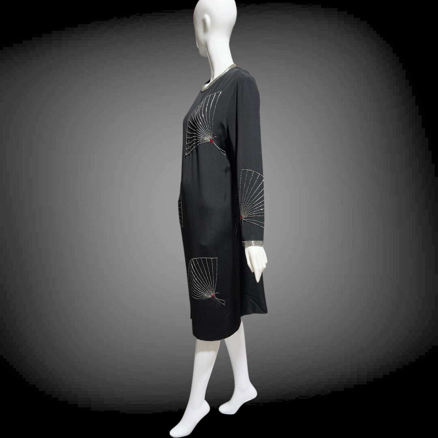 ADELE SIMPSON 1980s black cocktail party shift dress with beaded fans