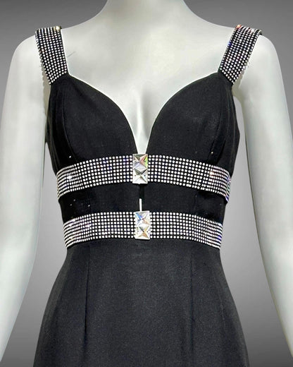 PATRICIA RHODES 1980s vintage black sheath column evening gown with rhinestone trim