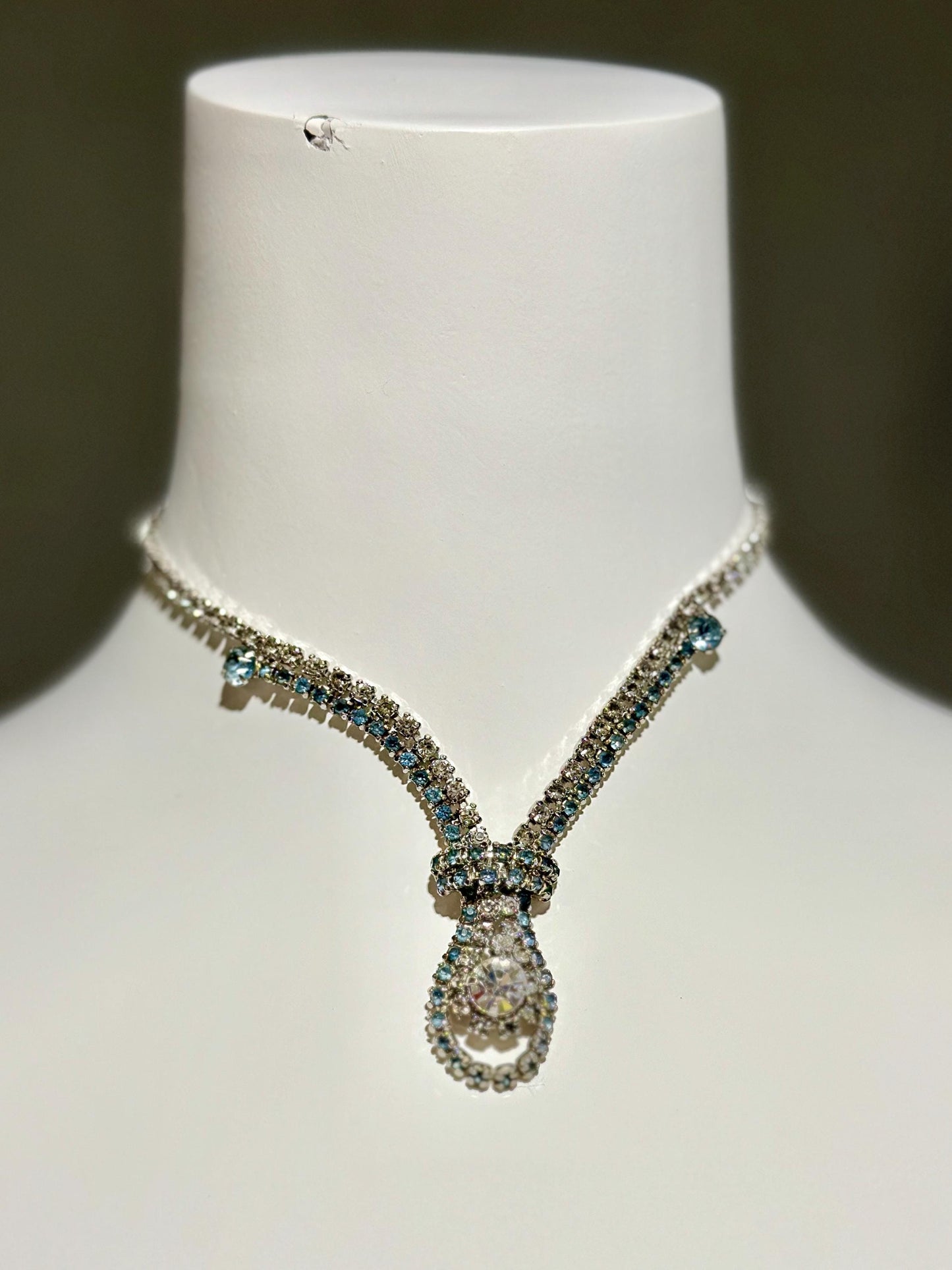 1950s vintage rhinestone necklace, clear crystal and blue rhinestone drop necklace