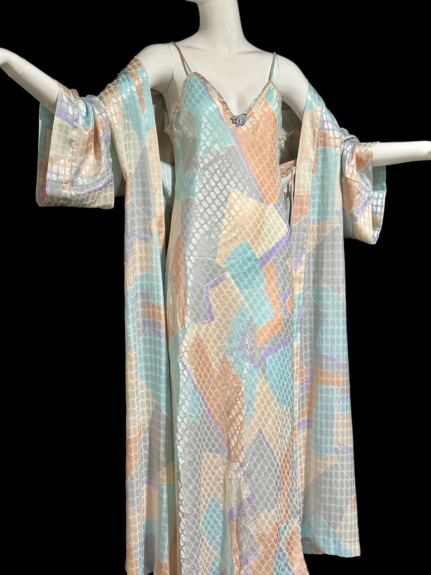 GEORGETTE TRABOLSI vintage 1980s nightgown robe peignoir set, pastel abstract slip dress and dressing robe set