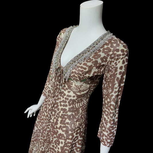 TAMMY vintage 1970s lurex maxi dress, slinky leopard animal print metallic knit party dress