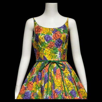 1950s vintage Dress, Floral Cotton Pinup Sundress, Pleated full skirt with sequins