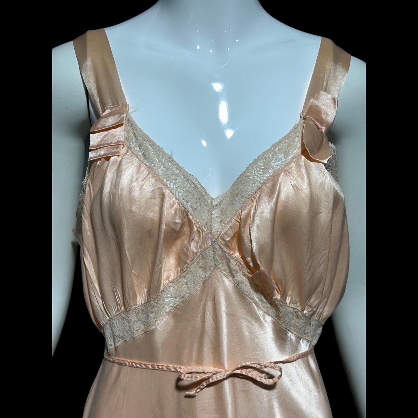 MISS SIREN, vintage 1930s Nightgown slip dress, shiny peach rayon bias cut lacy slip dress