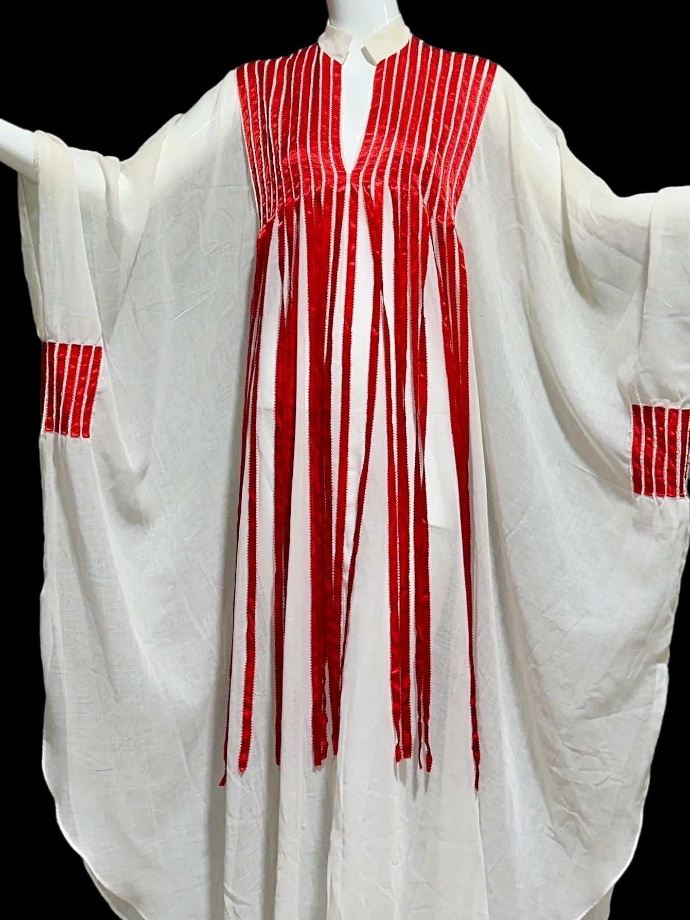 1970s Vintage white gauze caftan dress, Sheer breezy fabric with streaming red ribbons