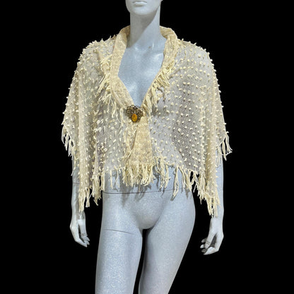 Victorian Edwardian fringed shawl scarf, Creamy White net and yarn Bridal Wrap