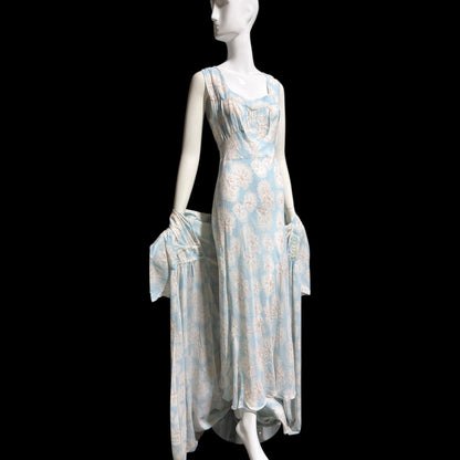RADCLIFFE vintage nightgown robe set, 1940s FLORAL blue bias cut lingerie slip dress peignoir