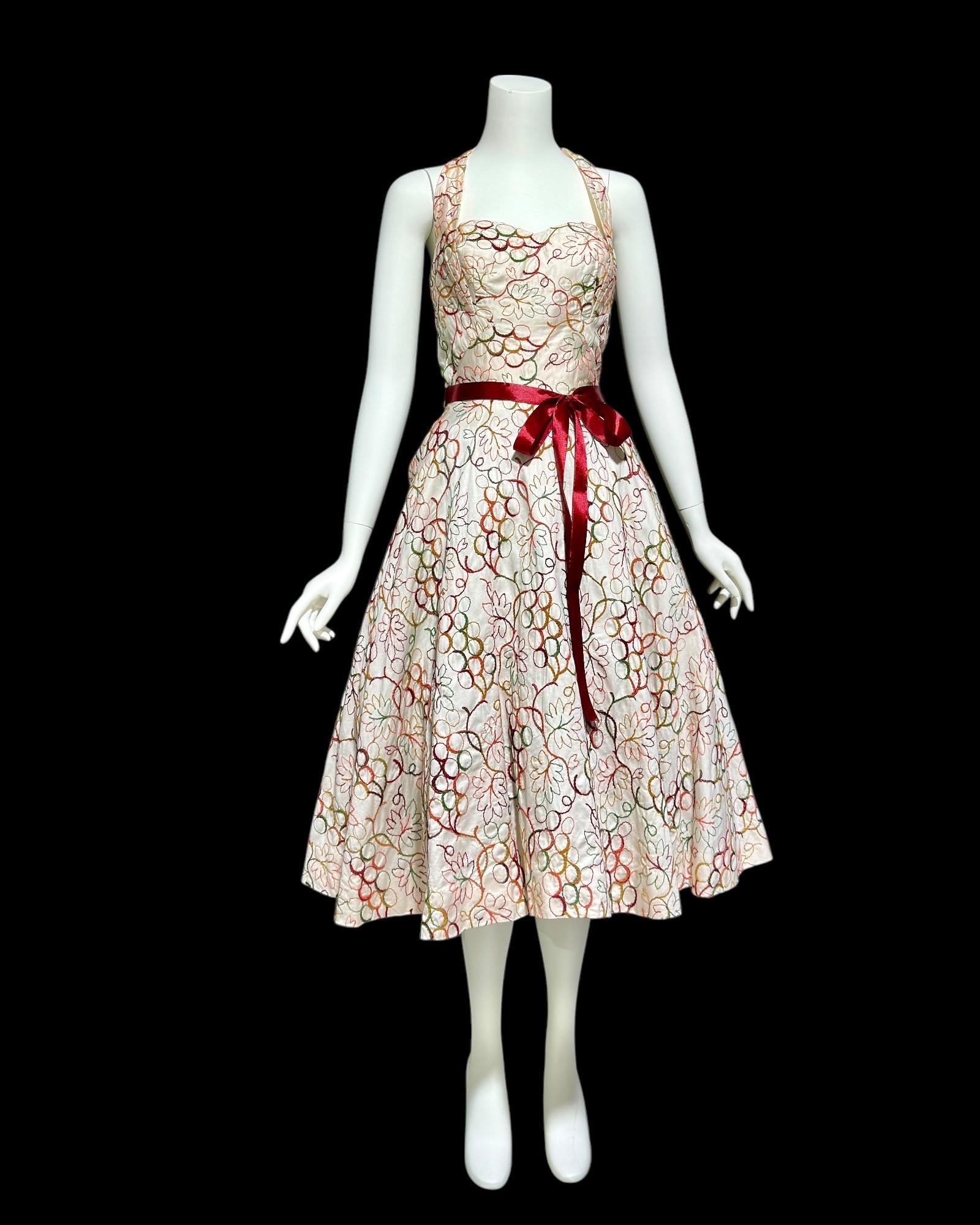 ALIX OF MIAMI, vintage 1950s Halter Sundress, cotton pinup dress with embroidery