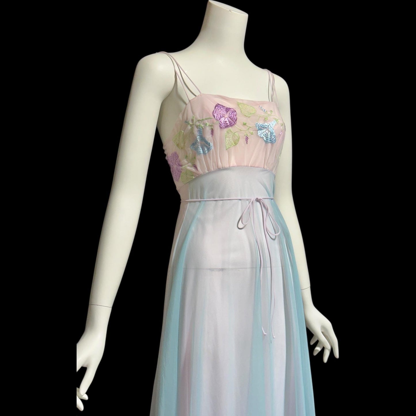 VANITY FAIR, vintage 1950s nightgown slip dress, pastel sorbet sheer chiffon embroidered goddess gown