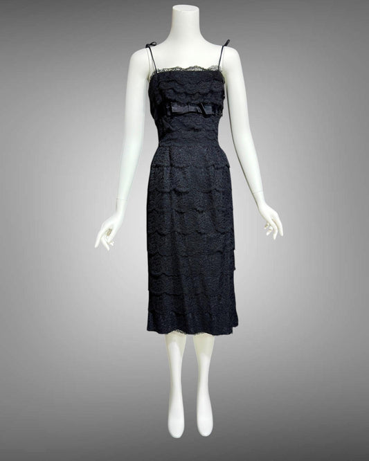 FERMAN O'GRADY, vintage 1950s black lace cocktail dress, banded lace wiggle dress