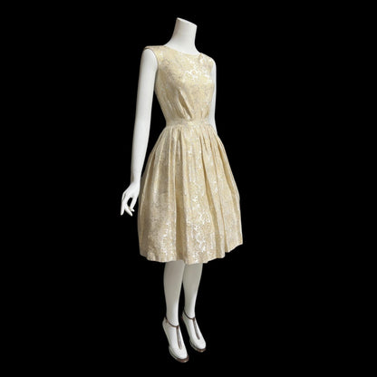 ADORE by Doreen, vintage 1950s dress, shimmering damask cocktail party dress, fit flare pleated dress