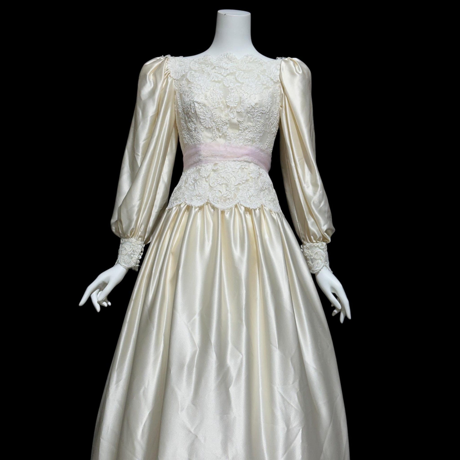 HOUSE of BIANCHI, vintage 1970s wedding dress, romantic boho white silk satin poet sleeve bridal gown