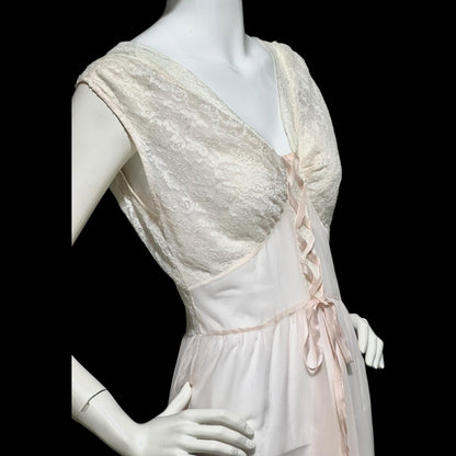 ODETTE BARSA vintage 1940s nightgown slip dress, Sheer pale pink with white lace full sweep Old Hollywood gown