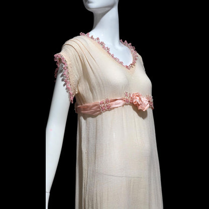 1920s vintage nightgown dress, Romantic Dusty pink cotton gauze muslin lingerie dress with needlework