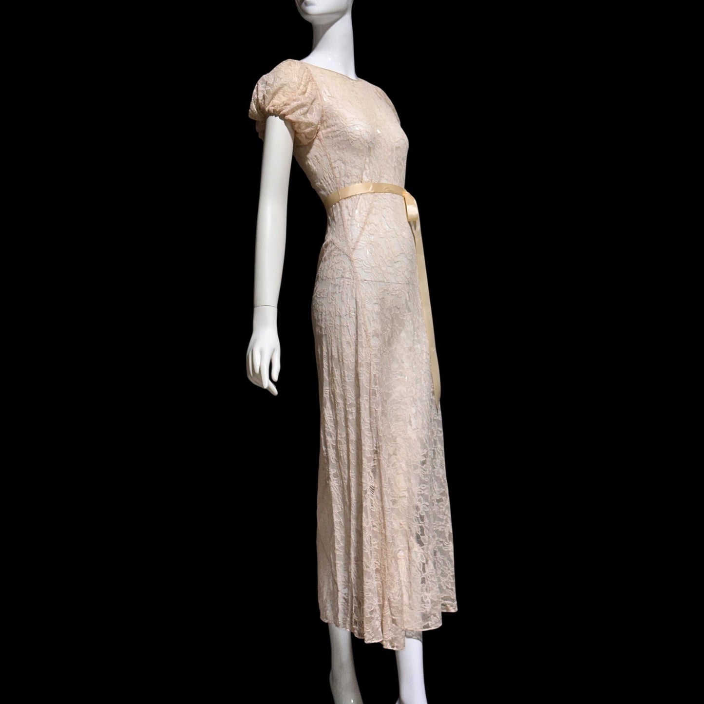FRANKLIN SIMON vintage 1930s evening dress, totally sheer blush lace, bias cut see through feather weight sheath gown