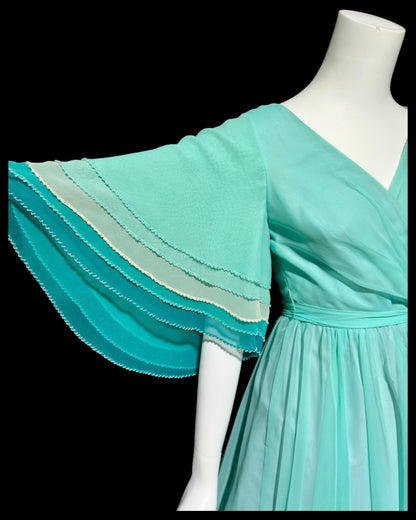 JACK BRYAN, vintage 1970s teal green chiffon evening dress with beaded flutter sleeves