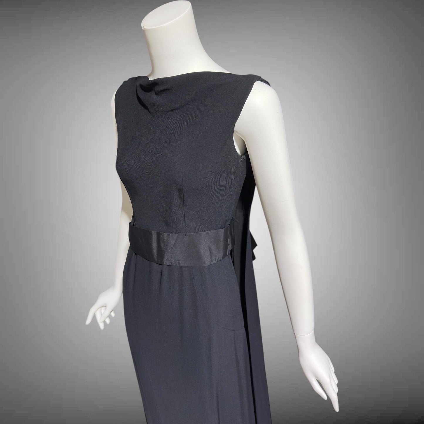 CAMEO vintage 1960s evening dress gown, black formal dress, backless watteau back