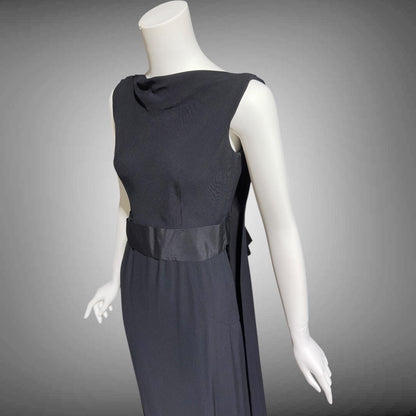 CAMEO vintage 1960s evening dress gown, black formal dress, backless watteau back