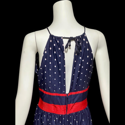 1970s vintage maxi dress, Navy blue and white polka dots, red stripes, halter casual summer party long 4th of July sundress