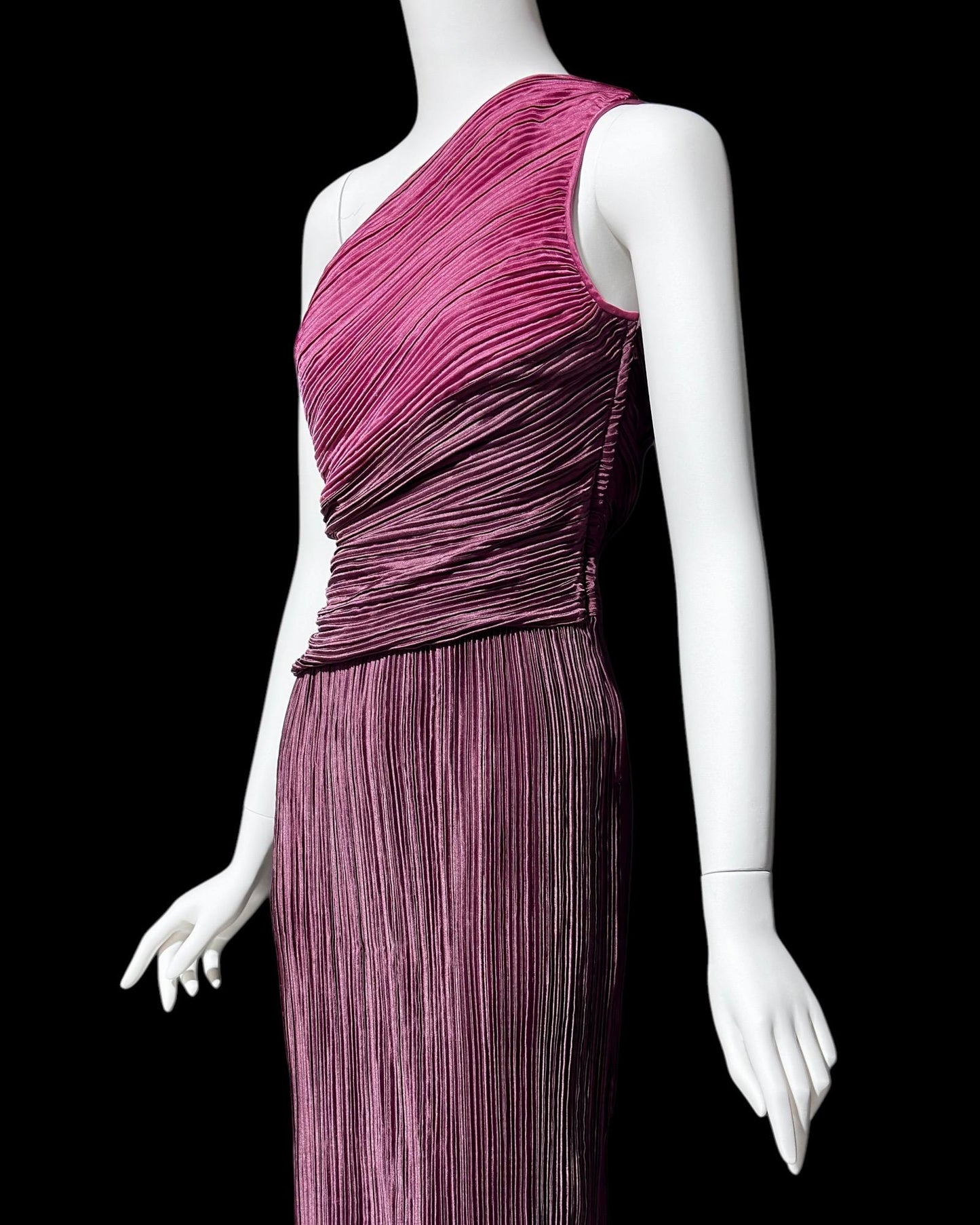 JERI vintage evening dress gown, 1970s one shoulder draped pleated formal gown, raspberry and plum grecian goddess gown