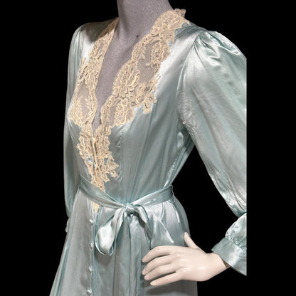 JANET REGER vintage 1970s dressing gown robe, Pure Silk ice blue 70s does 40s old hollywood button front night dress