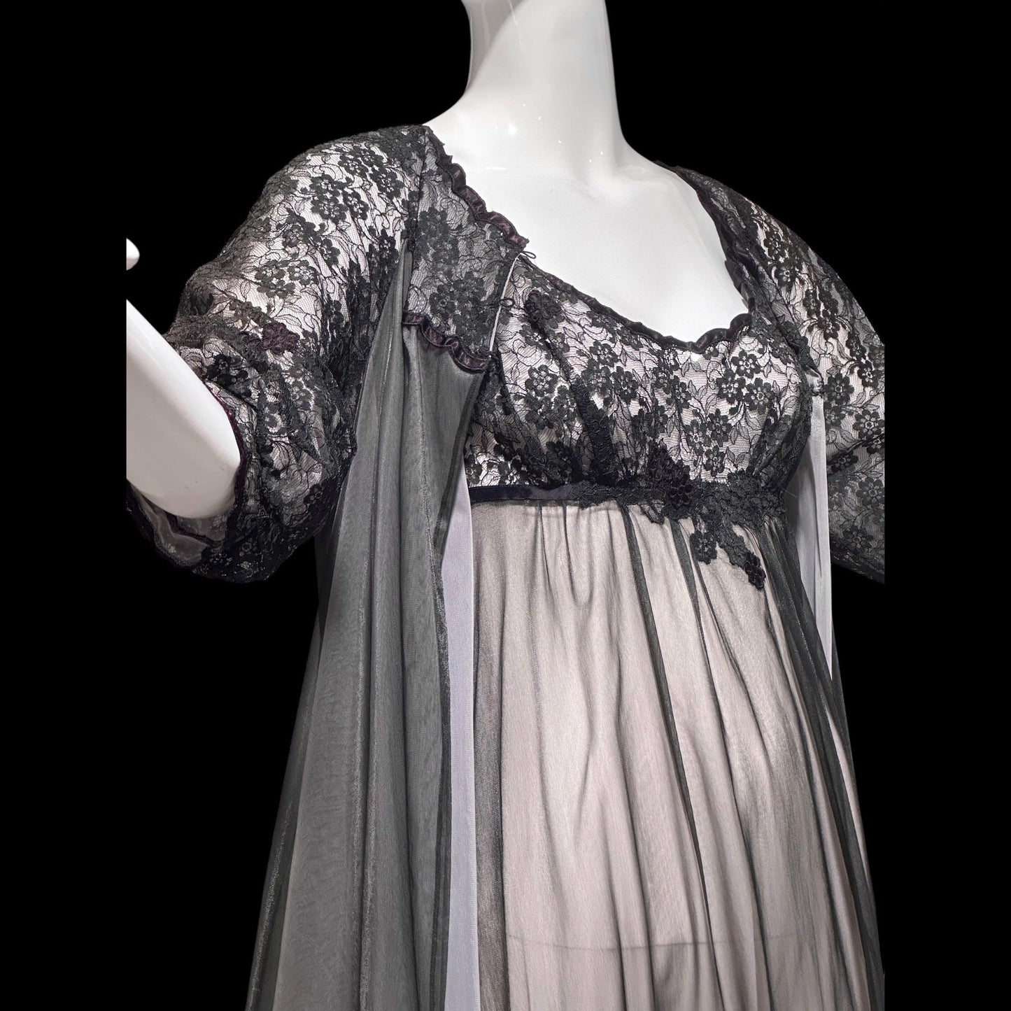 Warner's vintage 1960s peignoir set, frothy sheer black and pink chiffon nightgown robe set