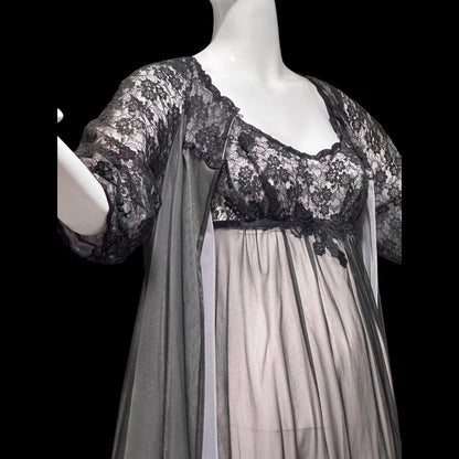 Warner's vintage 1960s peignoir set, frothy sheer black and pink chiffon nightgown robe set